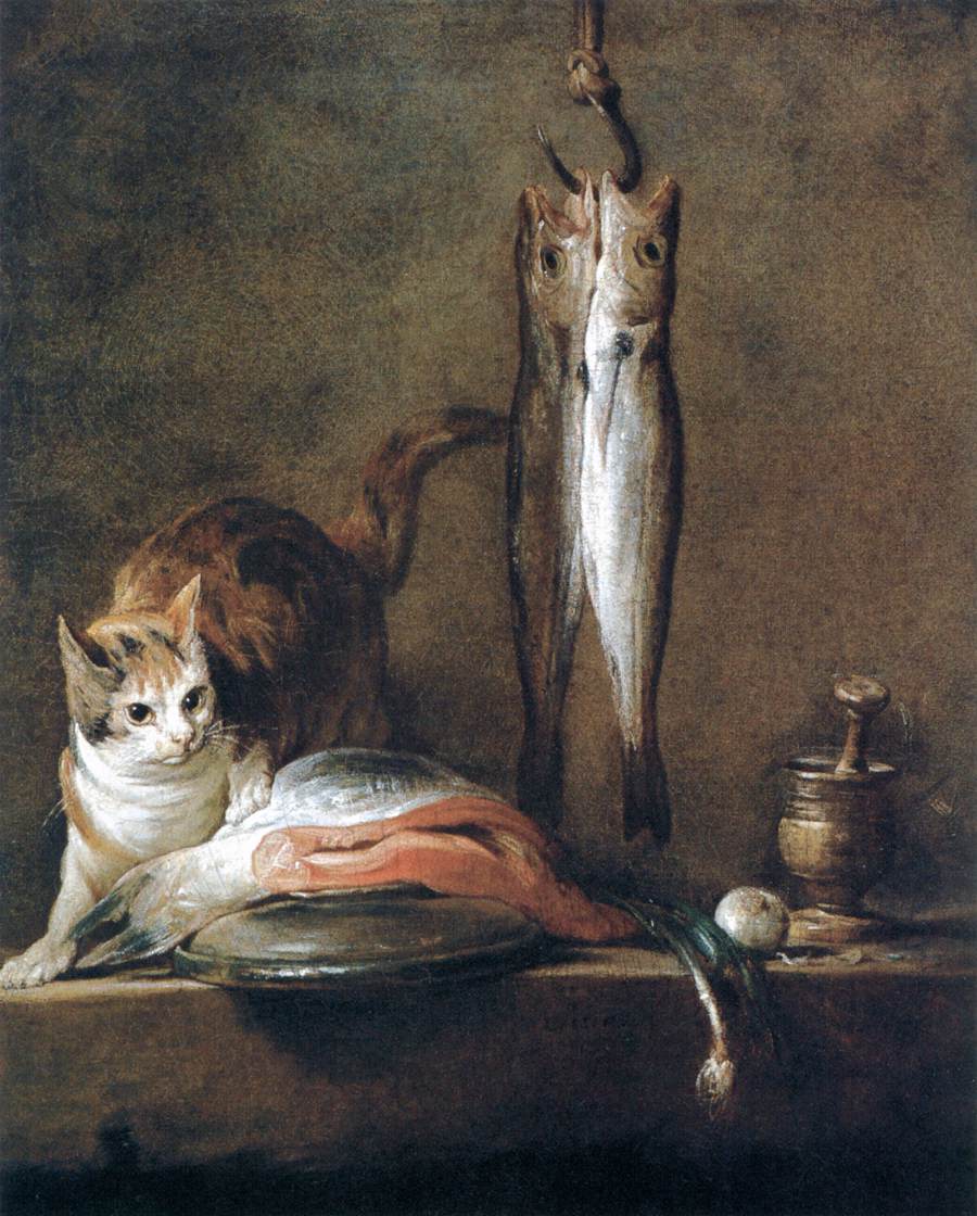 chardin - Still-Life with Cat and Fish. 1728. Oil on canvas. 79 x 63 cm. Museo Thyssen-Bornemisza, Madrid, Spain