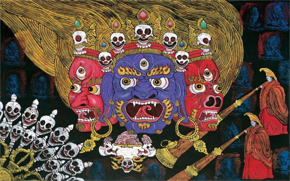 Tib&eacute;tain-Tebet-Xiangba-gravure-sur-bois-peinture-murale-fresque-murale-l-enfer-moine-D&eacute;coration-Toile-Affiche