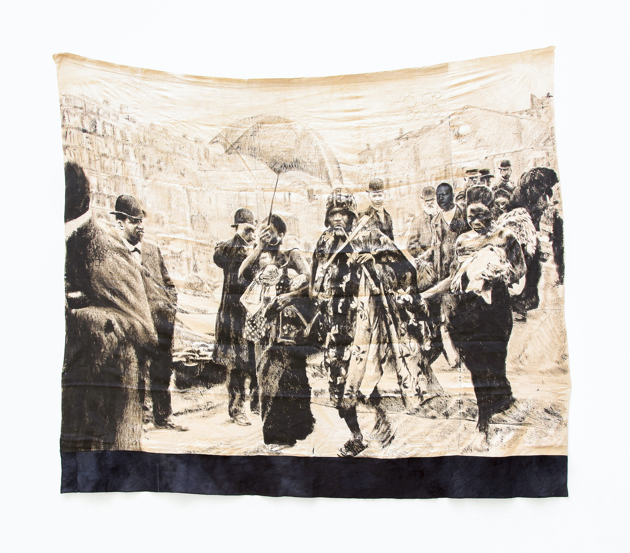 ROMÉO MIVEKANNIN, Série Béhanzin, Avant le dernier exil en Algérie, escale à Marseille, 2021, Bains d'élixir, pigments et liants sur toile libre, 227 x 261 cm, courtesy galerie Eric Dupont,