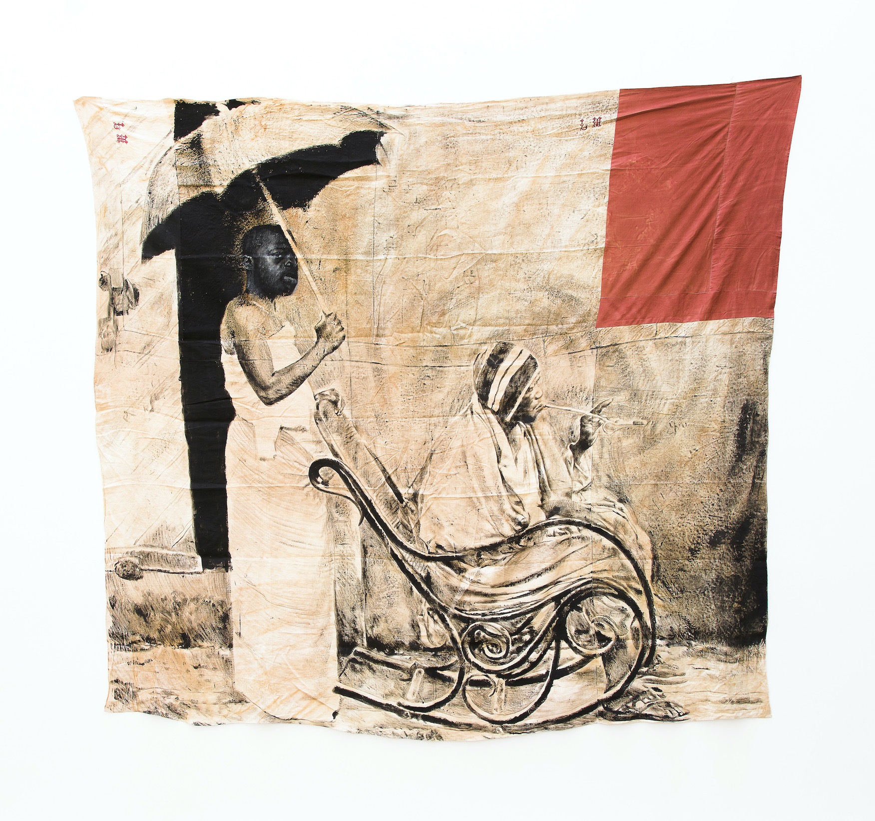 ROMÉO MIVEKANNIN, Série Béhanzin, Le Roi et l'une de ses épouses en exil au Fort Tartenson, Martinique, 2021, Bains d'élixir, pigments et liants sur toile libre, 230 x 254 cm, courtesy g