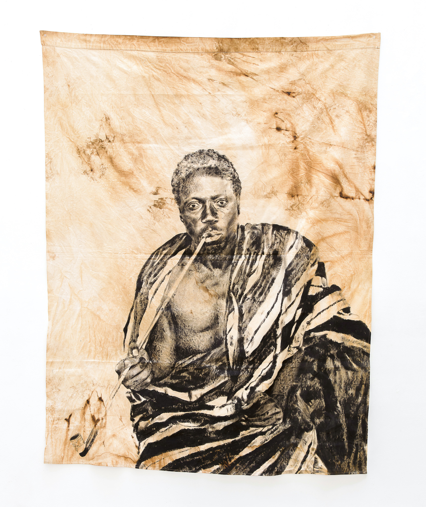 ROMÉO MIVEKANNIN, Série Béhanzin, Portrait du roi lors de l'escale à Dakar, avant l'exil en Martinique, 2021, Bains d'élixir, pigments et liants sur toile libre, 170 x 131 cm, courtesy g